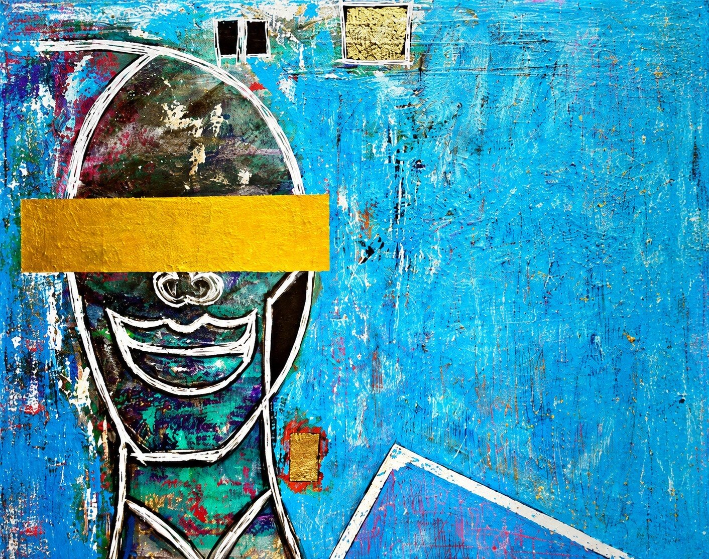 Gilded Perspective, a blue figurative painting with a gold band across the face