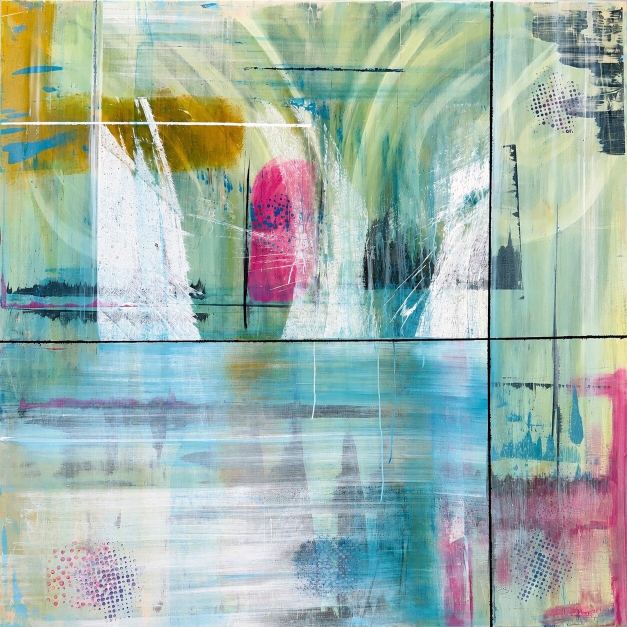Luminous Divide, turquoise, pink and white abstract painting crossed by black geometric lines