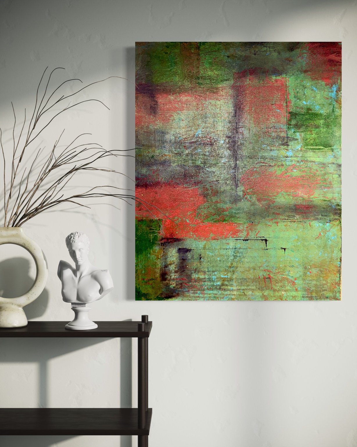 Room mockup showing Unsaid, a textured abstract painting with coral, green, turquoise and dark linear marks